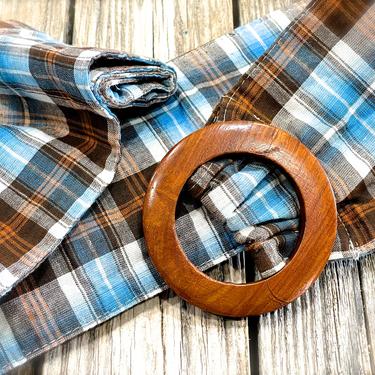 VINTAGE: Plaid Fabric Wood Buckle Belt - Blue Brown Belt - SKU 00009060 