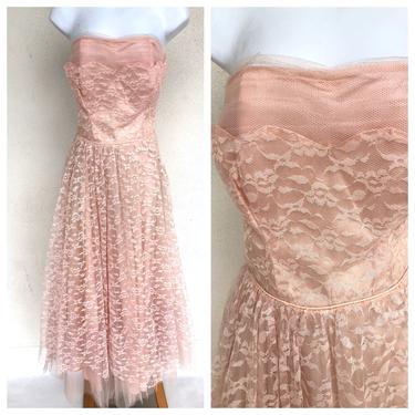 Vintage VTG 1950s 50s Light Pink Lace Cupcake Strapless Party Dress 