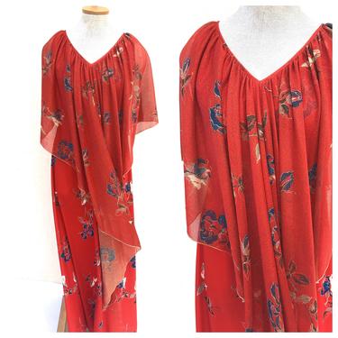 Vintage VTG 1970s 70s Red Metallic Floral Caftan Kaftan Maxi Dress 