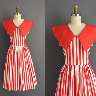 1980s vintage dress | French Red & White Stripe Print Full Skirt Cotton Summer Shirt Dress | Large | 80s dress 