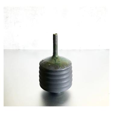 SHIPS NOW- One 10&amp;quot; tall Stoneware Aspirator Vase in Slate Matte Black with Green Gloss Flashing at the top by Sara Paloma Pottery 