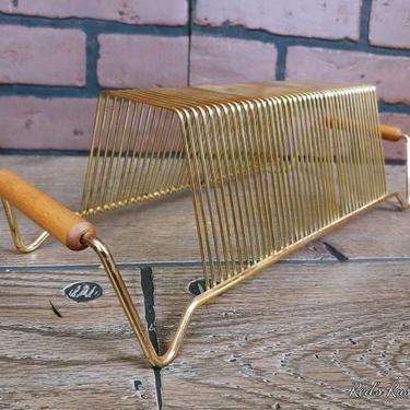 Mid Century Brass Wire Record Holder with Wood Handles 