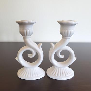 Vintage White Italian Pottery Candleholders, Set of 2 Signed Ceramic Candlesticks 
