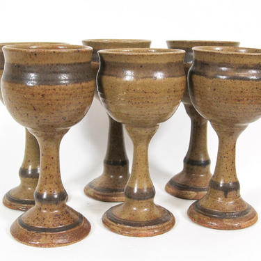 Vintage Ceramic Goblets, Stoneware Wine Goblet, Primitive Brown Pottery Cups, Marked Hicks, Set of Six, 6 