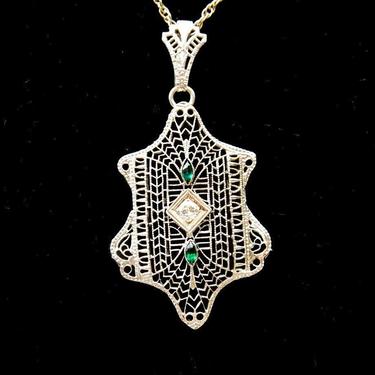 Vintage 14K White Gold Diamond & Emerald Filigree Pendant Necklace, 16 1/4&quot; Long 