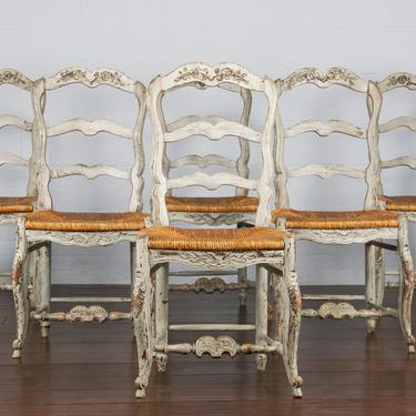 Antique Set of 6 Country French Provincial Louis XV Painted Ladder Back Oak Dining Chairs 