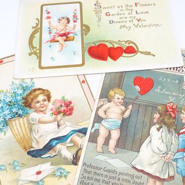 3 Antique 1910 Valentine Postcards, Vintage Post Card Greetings,  Hearts, Penny Stamp, Paper Ephemera 