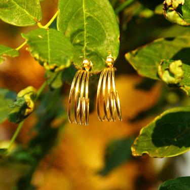 Vintage Minimalist 14K Gold Wire Hoop Earrings, 4-Strand Gold Wire Hoops, Gold Cuff Hoops Accent Gold Bead, Marked 14K POM, 1 1/8&quot; L 