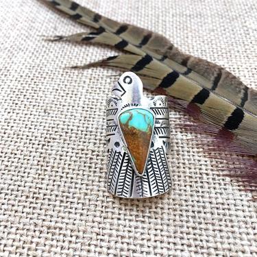 RUSSELL SAM Thunderbird Silver and Turquoise Ring | Large Sterling Ring, Fred Harvey Era Style Jewelry | Native American  Navajo | Size 5.5 