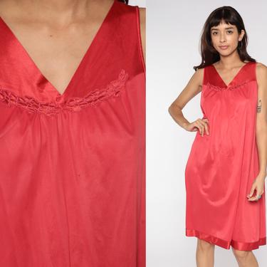 Y2K Lingerie Nightgown Red Floral Slip Dress Mini Vintage 00s Tent Pajama Dress Nightie Silky Nylon Nightgown Medium 