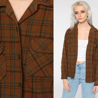 Plaid Pendleton Shirt Brown Wool Shirt 70s Flannel Plaid Shirt 80s Lumberjack Button Up Long Sleeve Vintage Tartan Medium 