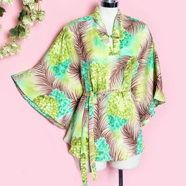 Vintage Hawaiian Caftan Kimono Blouse, Bat wing Flared Angel Sleeves, 1970's, 1960's Green Hawaii Top Mini Dress Kaftan Shirt Palm 