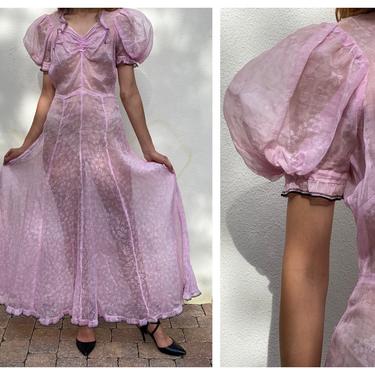 1930s Evening Gown / Pink and Black Cotton Evening Dress / Sheer Wedding Gown / Puffed Sleeves Bias Cut / Antique Dress / Puffed Sleeves 