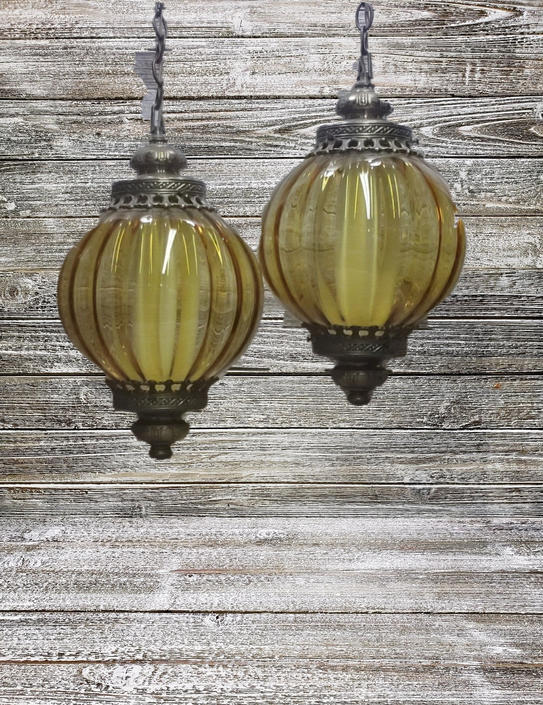 Vintage Globe Hanging Lamps 1960s Amber Glass Swag Lamps Vintage