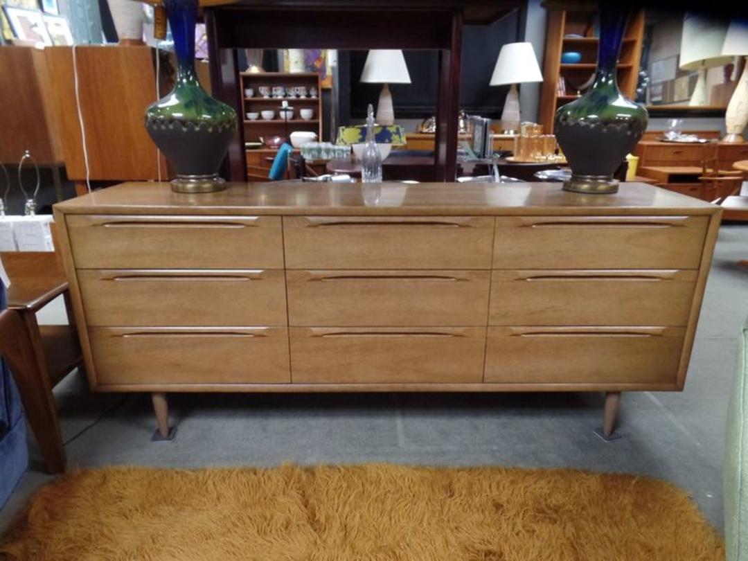 MidCentury Modern walnut nine drawer dresser in driftwood finish Peg