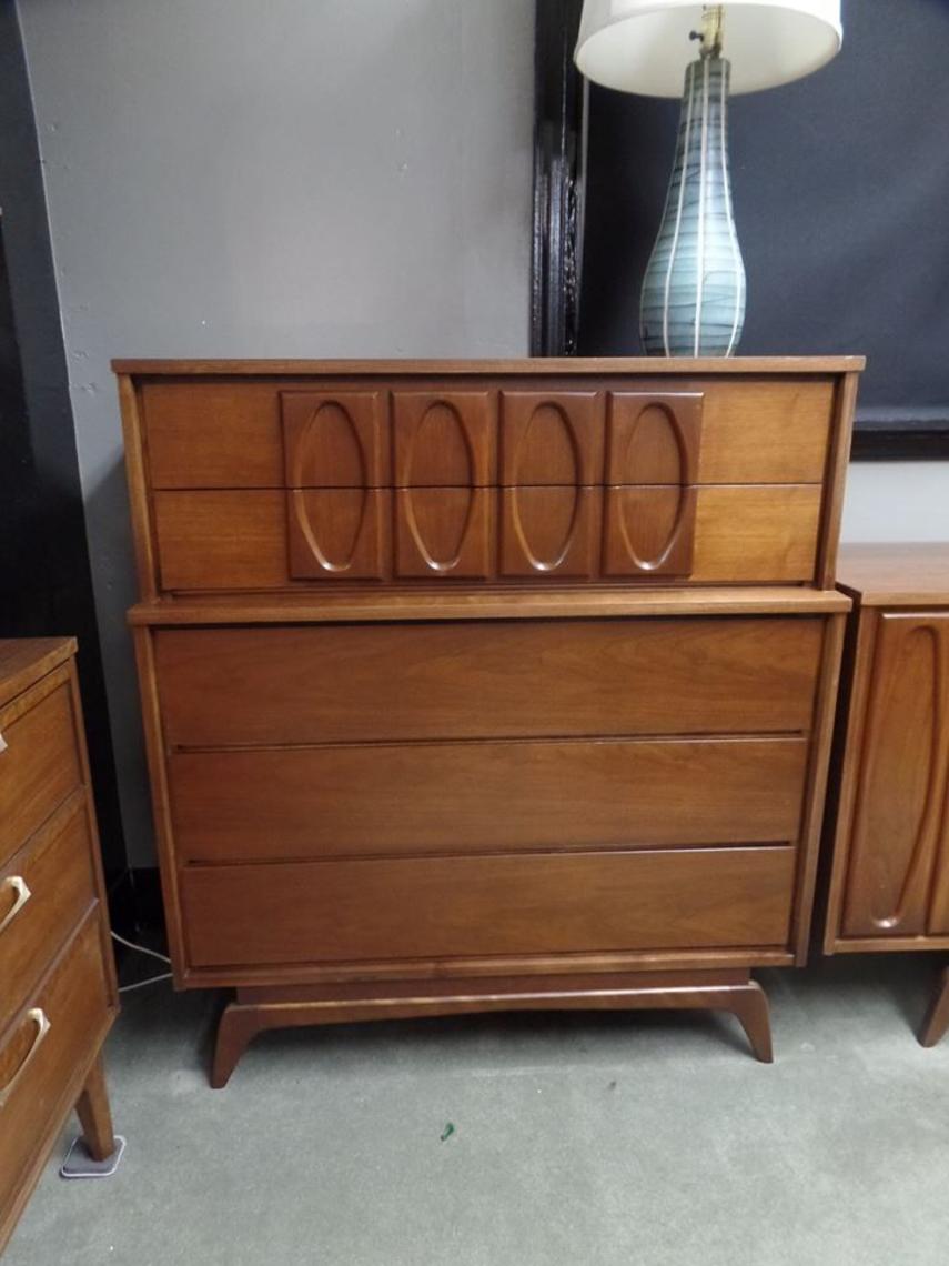 MidCentury Modern walnut highboy dresser with sculpted front Peg Leg Vintage Beltsville, MD