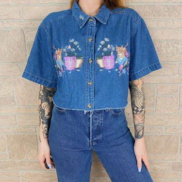Embroidered Cats Denim Cropped Top 