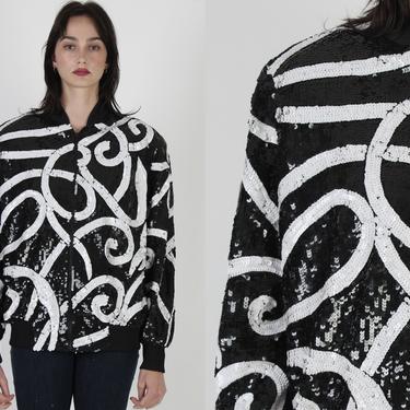 Vintage 80s Black Sequin Blazer / Shiny Holiday Party Jacket / 1980s White Striped Abstract Print Coat / Swirl Scribble Graphic 
