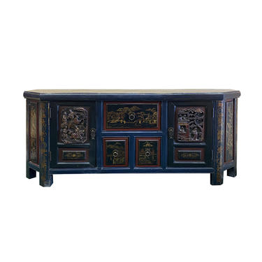 Chinese Distressed Brown Golden People Scenery Motif TV Console Table Cabinet cs6158E 