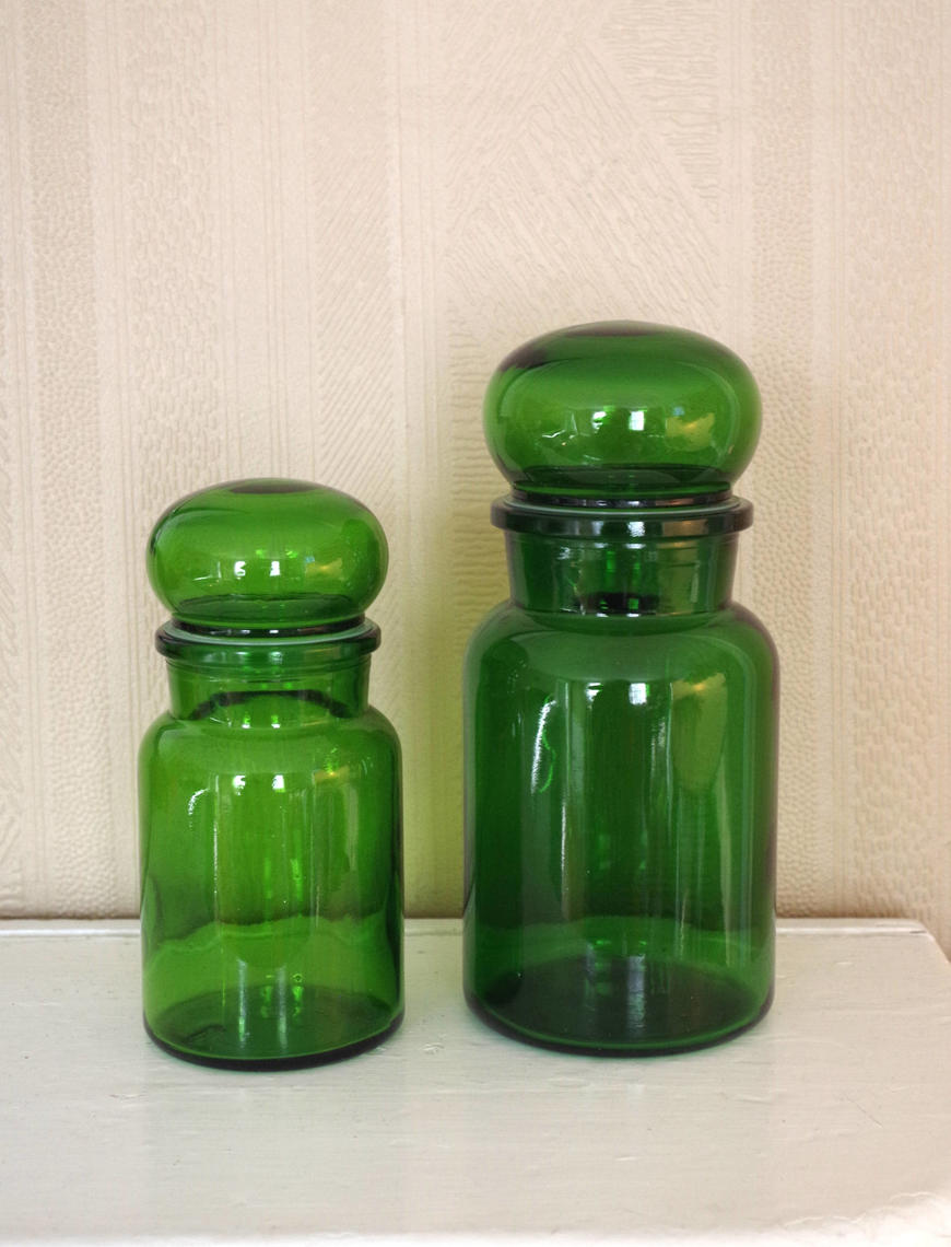 Vintage Green Glass Apothecary Jars with Bubble Lids Made in | Retro ...