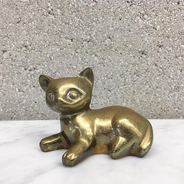Vintage Brass Cat Retro 1980s Feline Figurine + Statue + Figure + Paperweight + Small Size + Cat Resting + Shelving Accent + Home Decor 