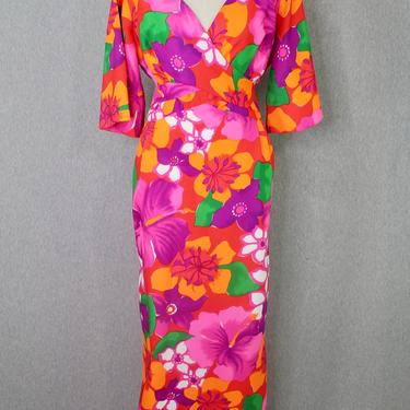 1960s-70s Hawaiian Maxi Dress by Island Casuals- Wrap Dress- Resort Wear - Hibiscus, Floral, Tiki 