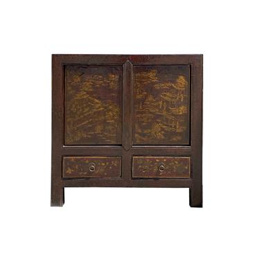 Chinese Distressed Brown Golden Scenery Side Table Cabinet cs6140E 