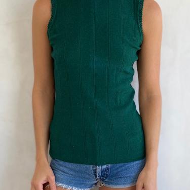 Vintage 60s / 70s Sleeveless Evergreen Fitted Tank Top - High neck Green Shirt 