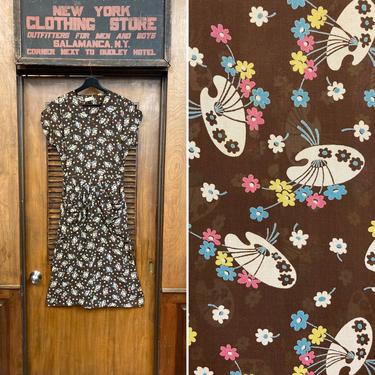 Vintage 1940’s Floral Painter Palette Novelty Design Deco Dress, Vintage 1940’s Dress, Painter Palette, Floral, Deco, Sheer, Day Dress 
