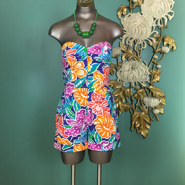 1980s romper, liz Claiborne, vintage 80s romper, tropical print, 1940s style, size x small, strapless, one piece shorts, 2425 waist, batik 
