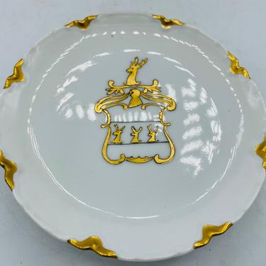 Antique Haviland H&Co L France Limoges Antique Pedestal Small 6&quot;  Serving Plate Hand Painted Reindeer Coat of Arms- Chip Free - circa 1880's 