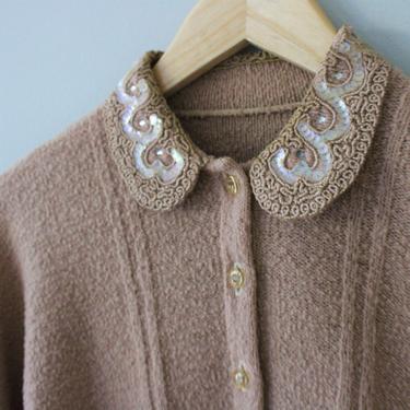 Vintage 50s 60s Sequin Collar Short Sleeve Cardigan Sweater Women's Size XS S 