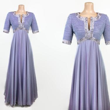 VINTAGE 1980s Victor Costa Iridescent Lavender Floating Formal Gown | 80s Beaded Formal Cocktail Dress | Empire Waist Juliette Dress | 4 