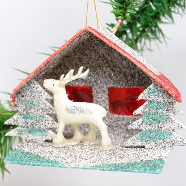 Vintage Celluloid Reindeer Christmas Ornament, Antique Glitter House and Trees, Hand Made 