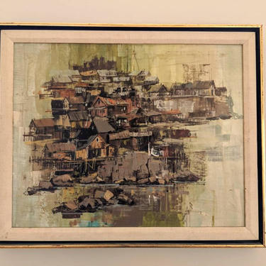 Edward J. Elhoff (American 1929-1986) Oil Painting Titled 'Fishing Village' ABSTRACT MODERN Mid Century Eames Era 