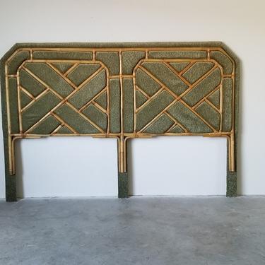 Vintage Chippendale Bamboo and Olive Green Velvet King Size Headboard 