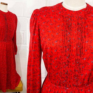 Vintage Red Floral Dress 70s Red Leslie Fay Union Made Lord &amp; Taylor 1970s Pleated Front Long Sleeve Fit Flare Midi Large XL 