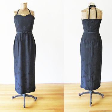 Vintage Halter Dress Small - Long Black Halter Dress - Black Silk Dress - Rockabilly Pin Up Dress - 90s Sheath Dress - Long Sheath Dress 