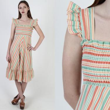 Smocked Sorbet Pastel Color Dress / 70s Sleeveless Pinafore Style Dress / Vintage 1970s Ruffle Shoulder Tank Knee Length Dress 