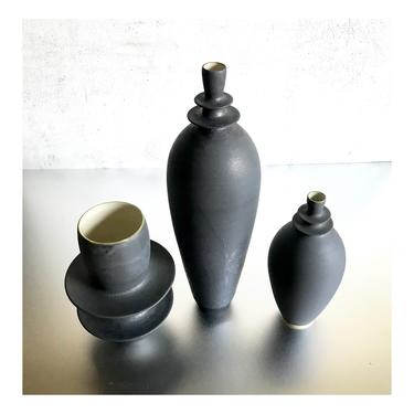 SHIPS NOW- 3 Slate Matte Stoneware Handmade Ceramic Flanged Vases by Sara Paloma Pottery. minimal industrial modern bud vase black matte 