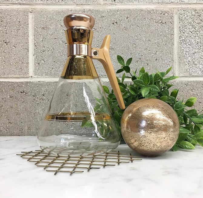 Vintage Glass and Etched Brass Pitcher Carafe, Mid Century Modern 