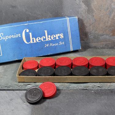 Vintage Checkers Set - 24 Piece Superior Checkers Set - 1950s Wooden Crown Checkers in Original Box | FREE SHIPPING 