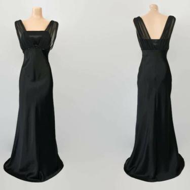 Vintage 90s does 30s Black Liquid Satin Evening Dress | 1990s Sexy Prom Gown | Jean Harlow 30s Style Cocktail Dress | Size Medium 