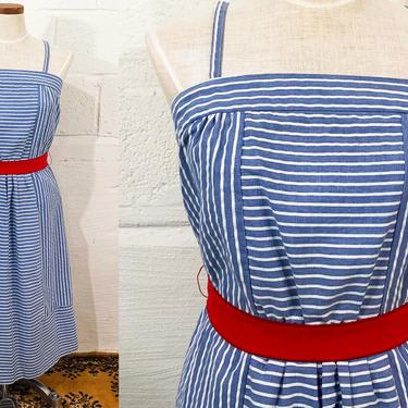 Vintage Striped Blue Sundress Striped White Sun Dress Sleeveless 1970s 70s Boho Midi Summer Thin Straps XS Small 
