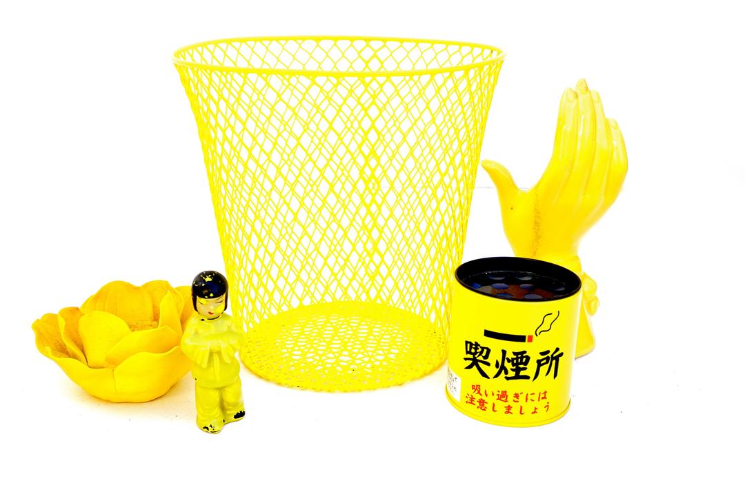 Vintage Yellow Metal Mesh Wastebasket Color Pop Industrial Wire Trash
