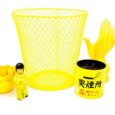 Vintage Yellow Metal Mesh Wastebasket | Color Pop Industrial Wire Trash Can | Planter || Bedroom Bathroom Office Decor 