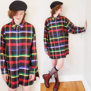 Vintage Silk Plaid Button Down Top Tunic Oversized / Deadstock Norah Noh Long Sleeved Multicolored Jewel Tone Shirt or Mini Dress / Gilberte 