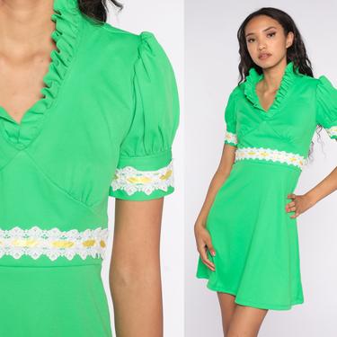 Green Babydoll Dress 70s Puff Sleeve Mini Boho Lace Trim Empire Waist Dress 60s Mod 1970s Bohemian Hippie Vintage Minidress Small 4 S 