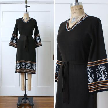 RESERVED vintage 1970s knit boho dress • bell sleeve brown sweater dress with belt 