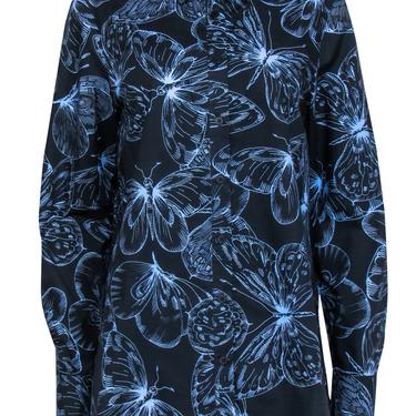 Lela Rose - Navy &amp; Blue Butterfly Printed Cotton Blouse Sz 12